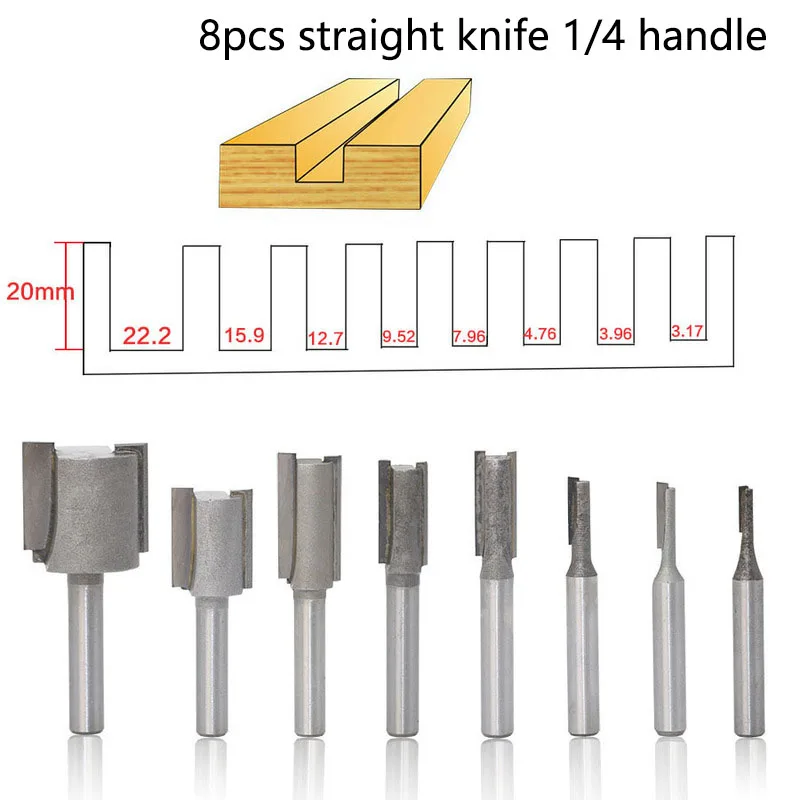 

8Pcs Woodworking Cutter Set 6.35mm Shank Straight Woodworking Router Bit Set Carpenter Milling Cutter 3.17-22.2mm Cutting