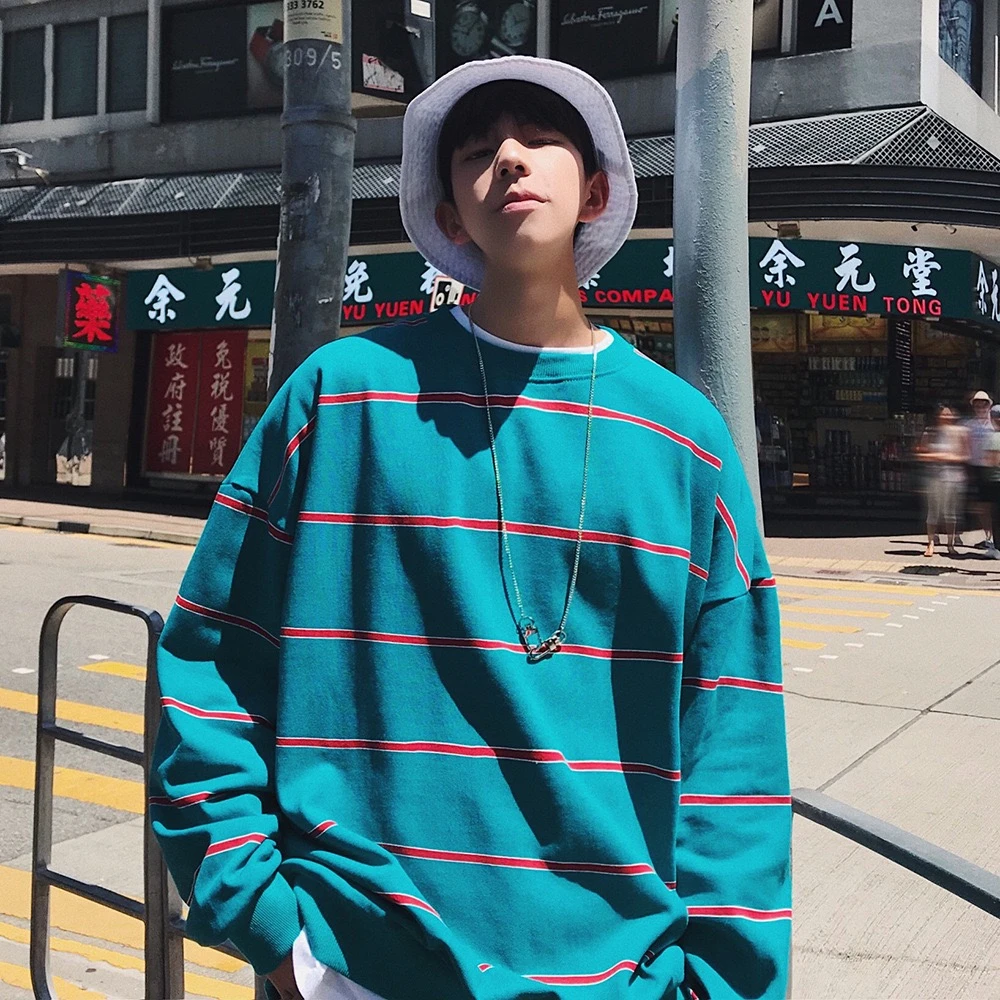 

Men's Spring Cotton Round Collar Striped Sweatshirt Harajuku Style Trend Solid Color Color Stripe College Student Capless cota