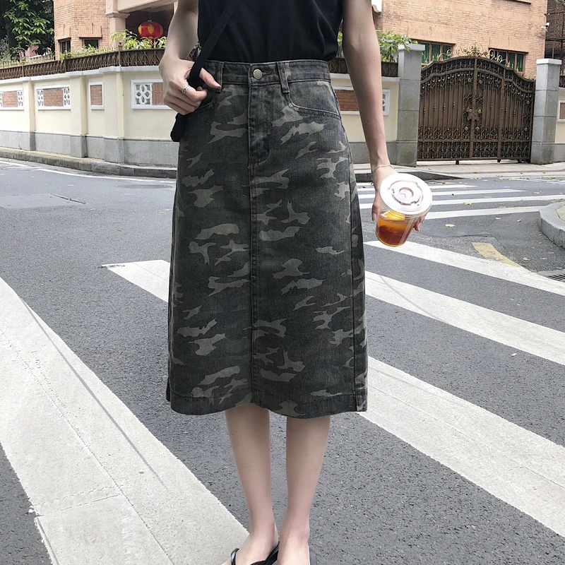 

YICIYA Summer 2019 High Waisted Denim Sexy Streetwear Harajuku Skirts Womens Korean Punk Camo Print Jeans Midi Skirt