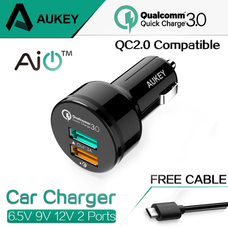 AUKEY Quick Charger 3.0 2 Ports USB 6.5V 9V 12V Car Charger Support QC2