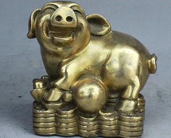 

3" Chinese FengShui Brass Wealth Zodiac Year Pig Hog YuanBao Coin Pearl Statue