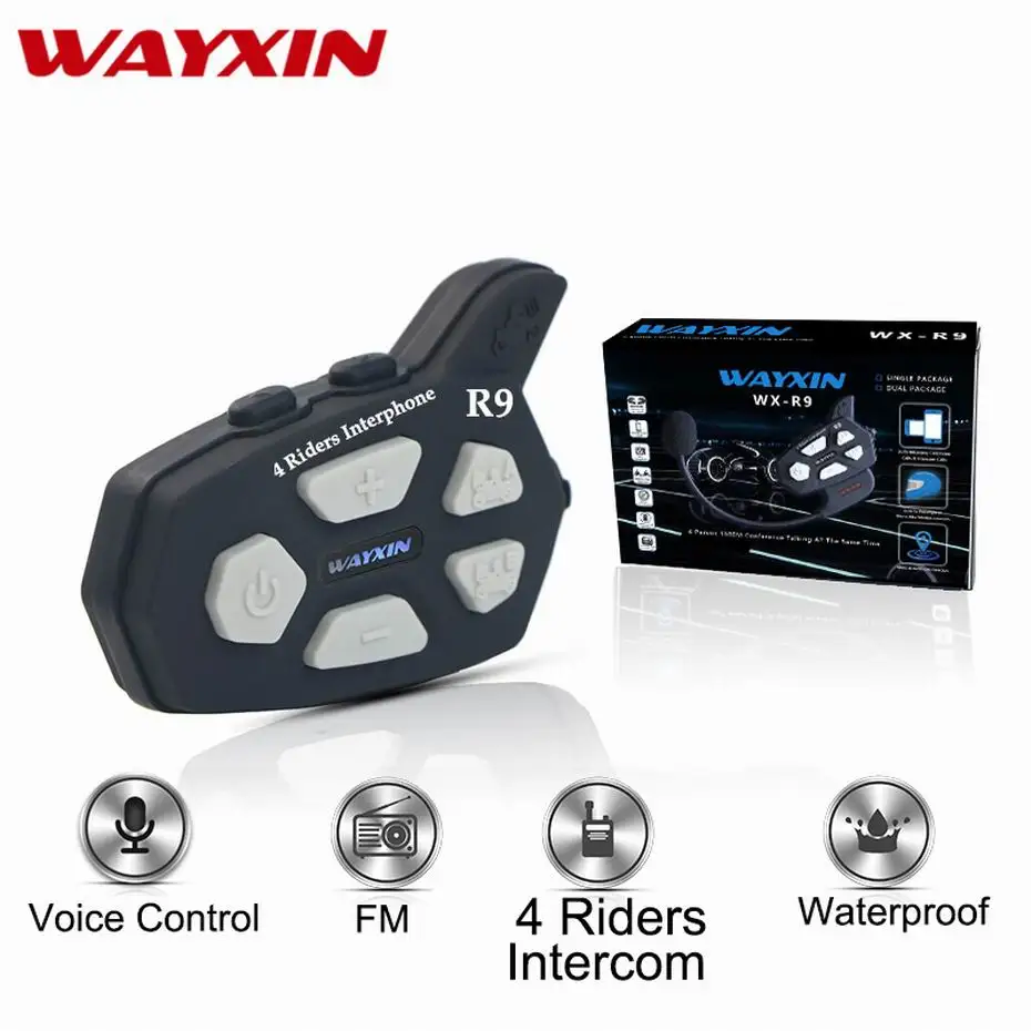 

Wayxin Bluetooth Intercom R9 4 Riders Talking At The Same Time Helmet Headsets Motorcycle Intercom FM Helmet Football Referee