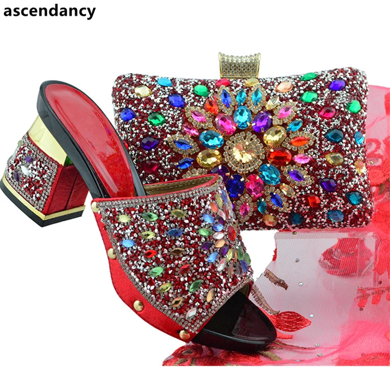 

New African Women Italian Shoes and Bag Set Decorated with Rhinestone Designer Shoes Women Luxury 2018 Slip on Shoes for Women