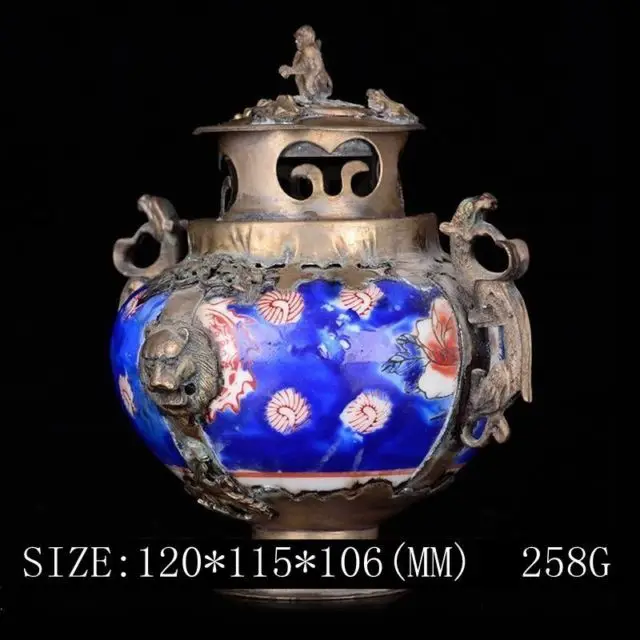 

Exquisite Chinese Old Decorated Porcelain Inlaid with Tibetan Silver Monkey Lid Incense Burner with QianLong Mark