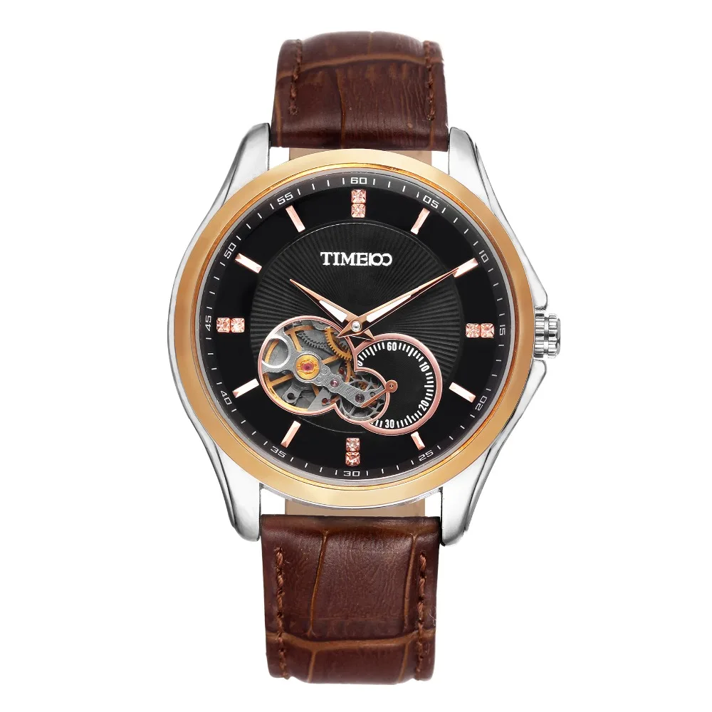 

2016 Luxury TIME100 Men's Automatic Self-wind Mechanical Skeleton Watches Brown Leather Strap Gold Dial Automatic Watch For Men