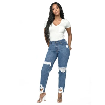 

Fashion Hole Ripped Jeans Women Middle Waist Slim Pencil Pants Cool Denim Casual Washed Jeans Feet Pants Trousers