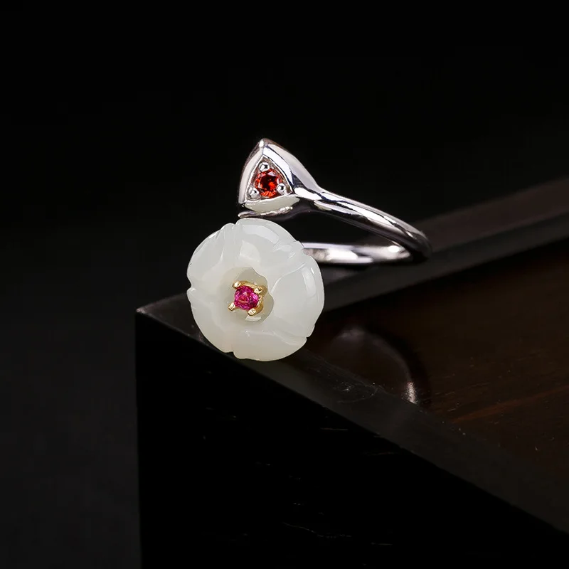 2018 Real silver S925 pure inlaid natural Hetian jade white lotus lady high-end open ring wholesale | Украшения и аксессуары