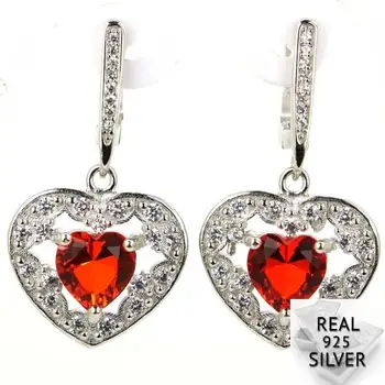 

Real 8.0g 925 Solid Sterling Silver Romantic Heart Shape Orange Spessartine Garnet CZ Earrings 35x18mm
