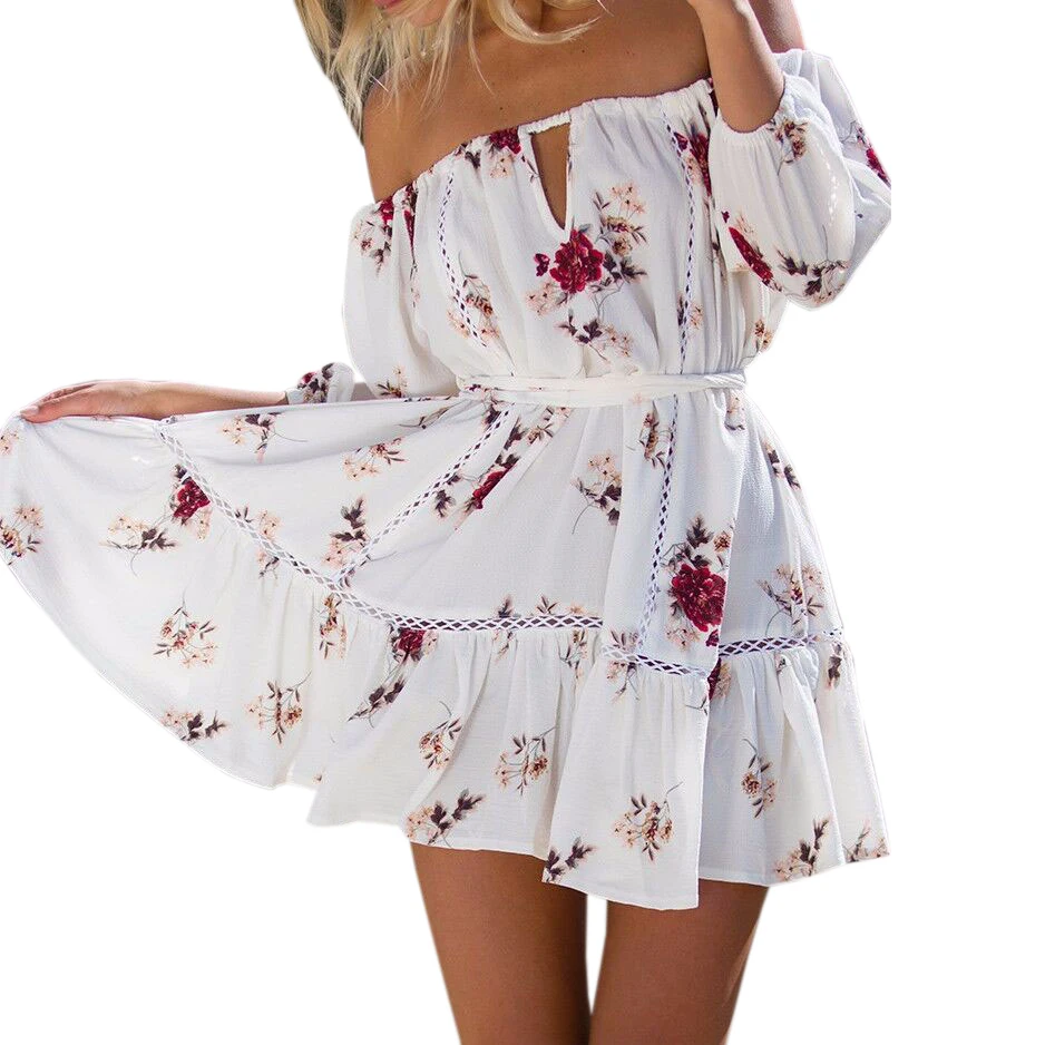 

Floral Print Off Shoulder Boho Dress 2019 New Lantern Sleeve Pleated Slash Neck Summer Dresses Women Party Beach Sundress GV805