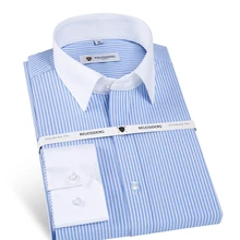 Для мужчин, стильные футболки с длинным рукавом, тонкая платье в полоску рубашка с контрастным воротником и манжетами-бабочка, деловой костюм для мальчиков, Бизнес стандартного кроя офисные рубашки для мальчиков