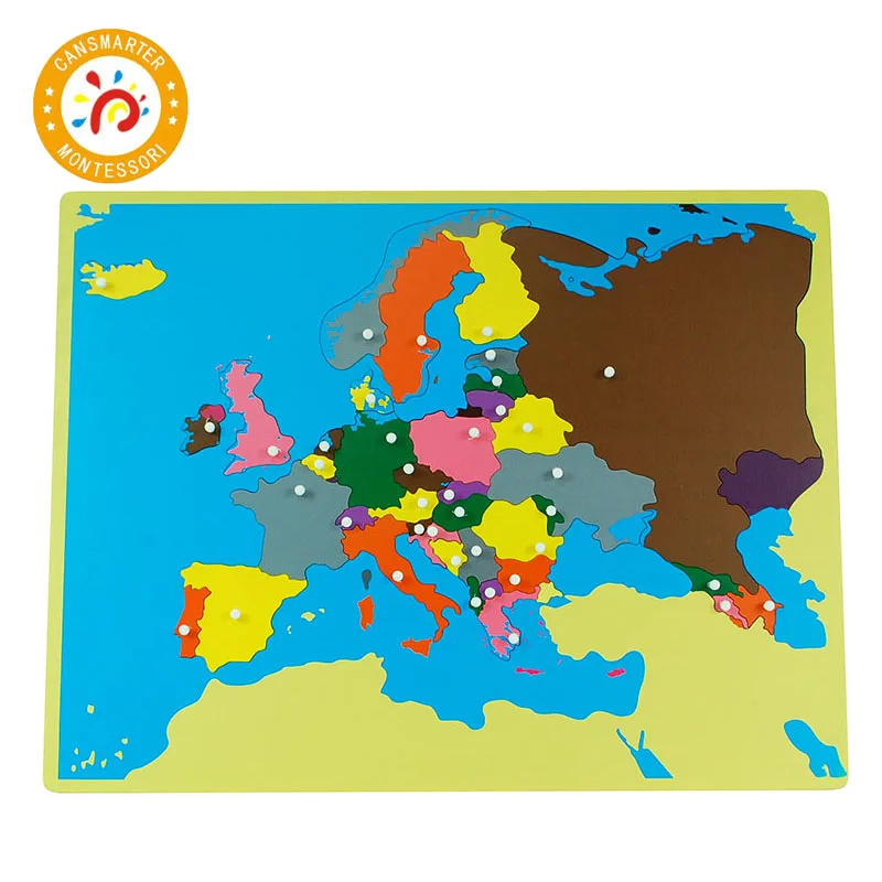 Цветные части пазлов мира Монтессори карты с ручкой игры, география, детские деревянные доски, игрушки, обучающие приспособления, головоломка, Карта мира - Цвет: Europe