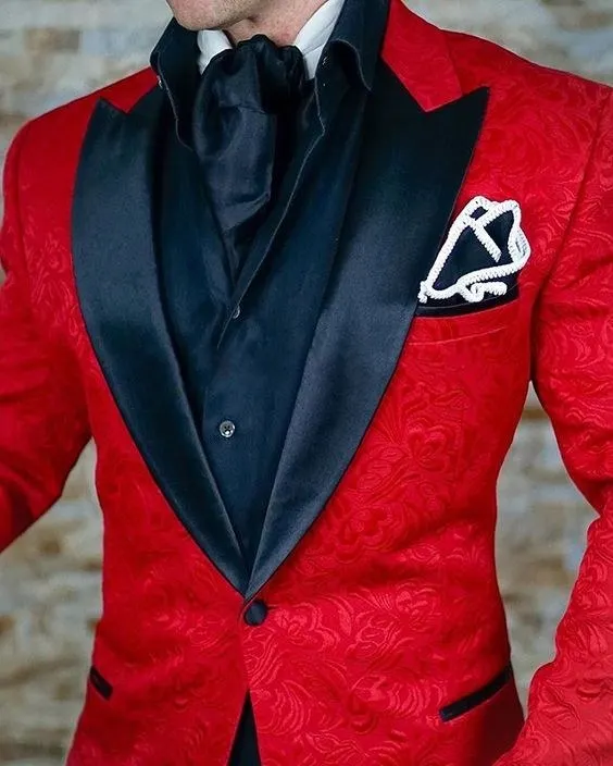 Модная одна кнопка Красный Пейсли Жених Смокинги Пик нагрудные Groomsmen Мужские Нарядные Костюмы для свадьбы блейзеры (куртка + брюки +