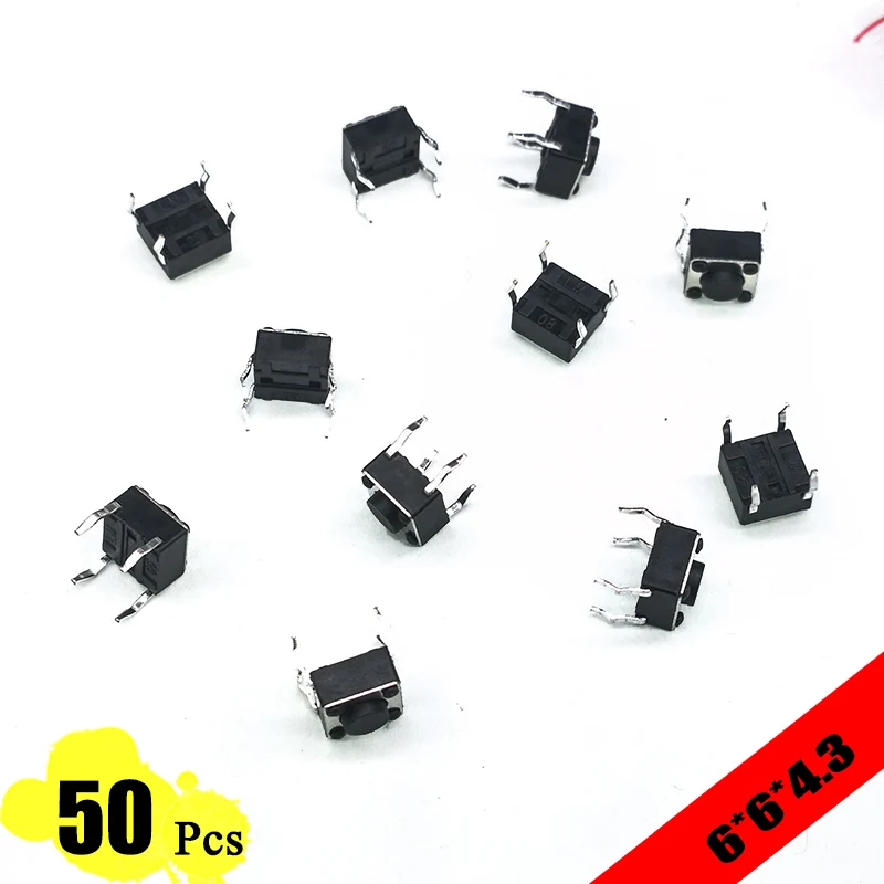 

EP High Quality 50pcs/lot 6*6*4.3 mm 4 PIN Tactile Tact Push Button Micro Switch Direct Plug-in Self-reset Top Copper