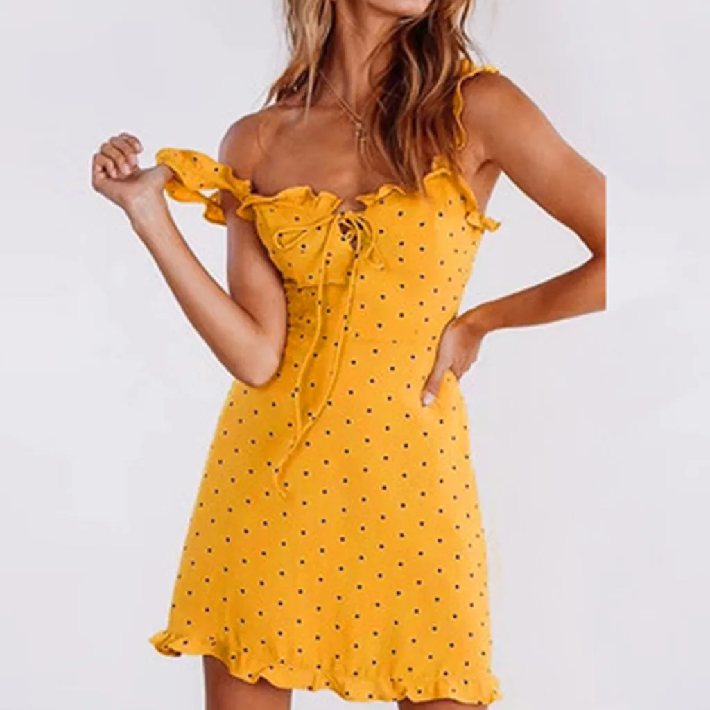 

Newest 2019 Spring Summer Sexy Fashion Women V-Neck Spaghetti Dot Print Beach Style Skater Dress #2019.5.21