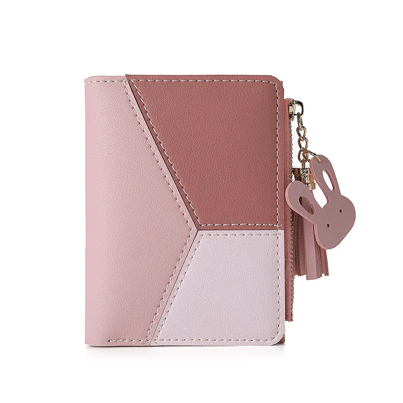 

PU short ladies zipper wallet female students vertical section stitching color tassels wild change card package