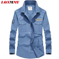 LONMMY 4XL Повседневная мужская рубашка из хлопка с длинным рукавом Повседневные рубашки мужские платья блузки Военный стиль camisa social slim Новый