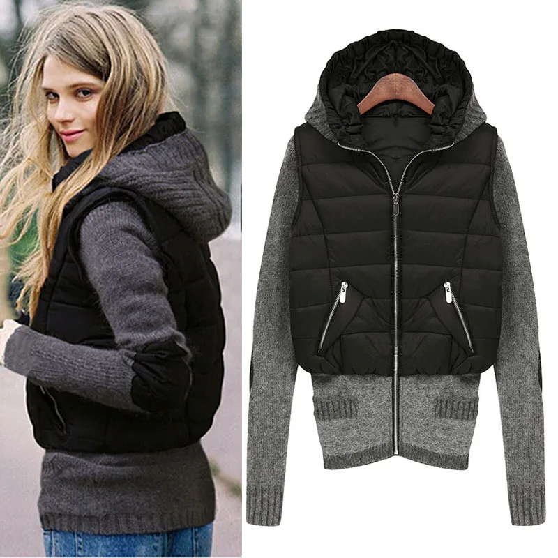 

2018 Winter Jacket Women Knitted sleeve hood Parkas Windbreak Outerwear Coat Woman Fashion KB831