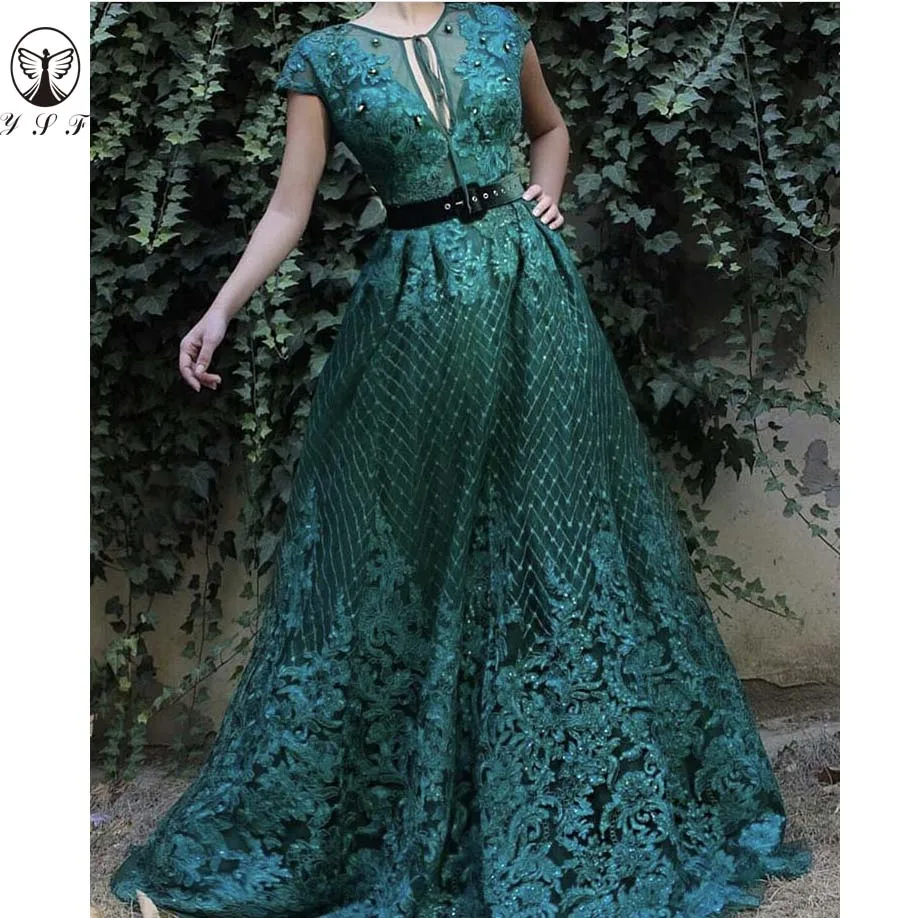 

Simple but Elegant Dark Green O Neck Appliqued Beaded Cap Sleeve Floor Length A Line Prom Dresses 2019