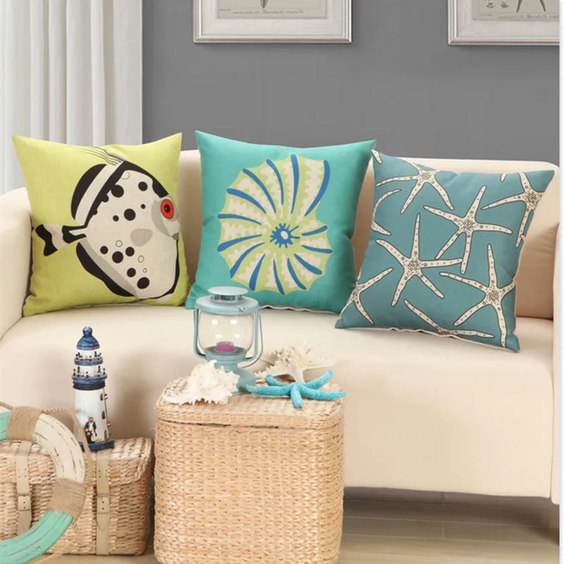

Cartoon Sea Fish Linen Cotton Pillow Conch Starfish Home Decor Cushion Sofa Car Seat Decorative Throw Pillow 45cm Capa Almofada