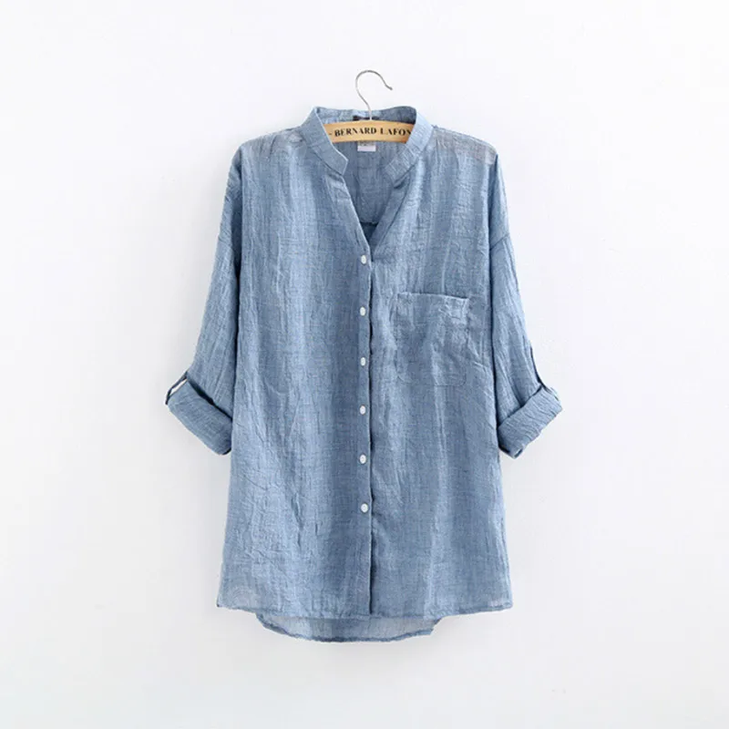 

Women Cotton Linen White Button V-neck Blouse Pocket Three Quarter Sleeves Casual Loose Shirts 2019 Spring Summer Tops Female