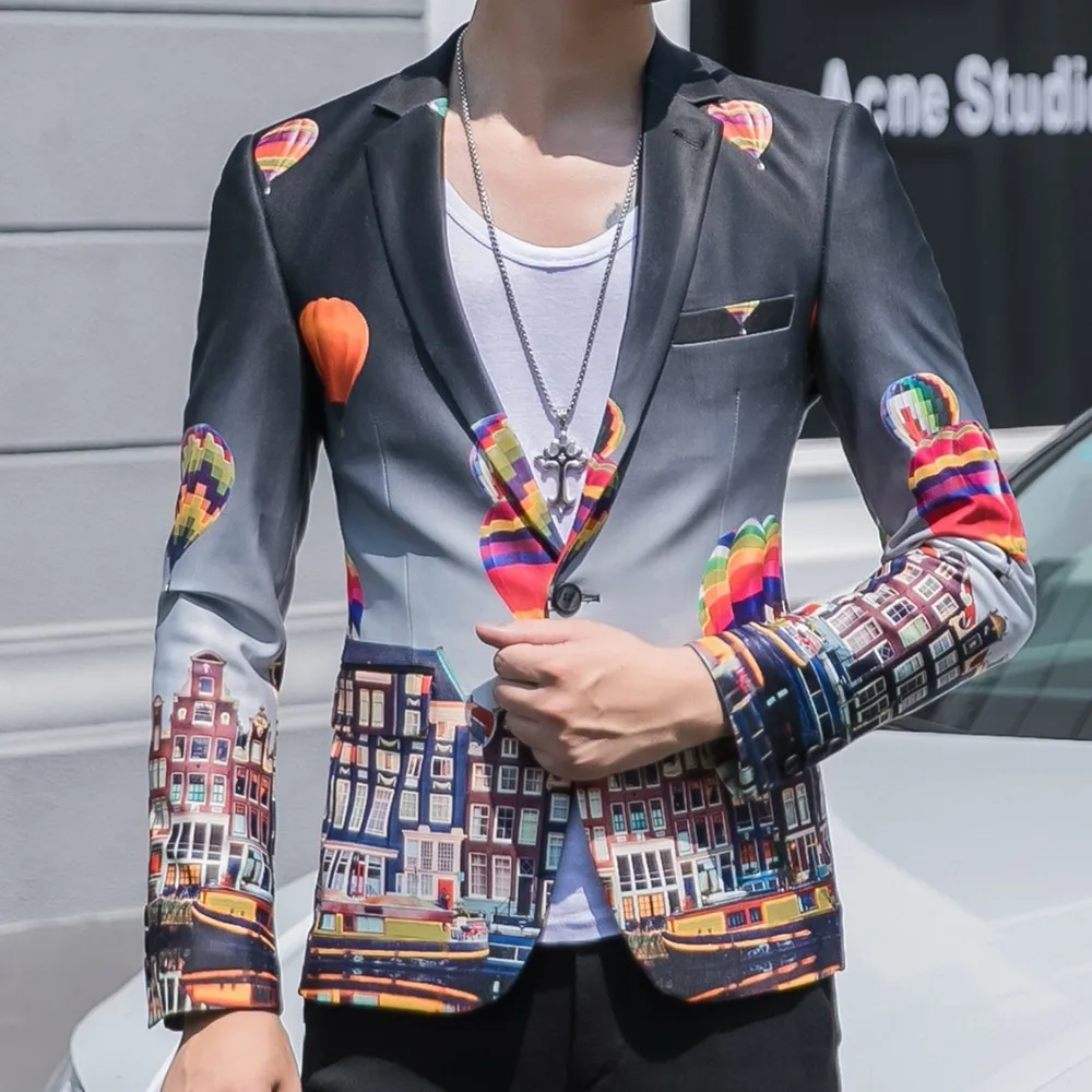 

Ballon Print Blazer Pattern Fancy Male Blazer Suit Jacket Placement Floral Blazer Men Fancy Blazer Suit Korean One Button Jacket