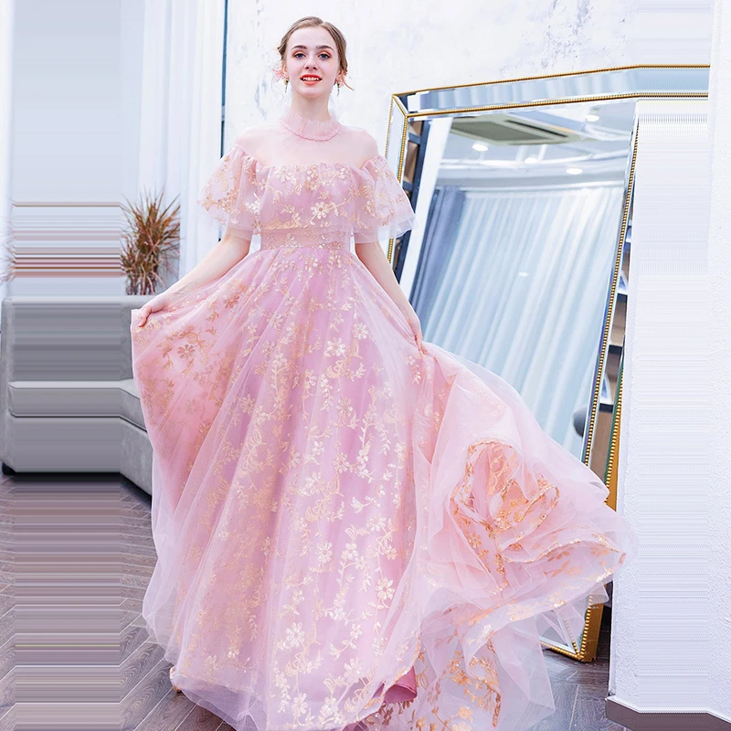 Вечернее платье с высоким воротником, открытой спиной, Robe De Soiree, с коротким рукавом, женские вечерние платья, длинные, большие размеры, вечерние платья с пайетками E611 - Цвет: pink