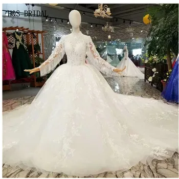 شراءH & S BRIDAL فستان زفاف أبيض طويل الأكمام عالية الرقبة الكرة ثوب الزفاف فساتين العروس العربية Vestido De Novia
