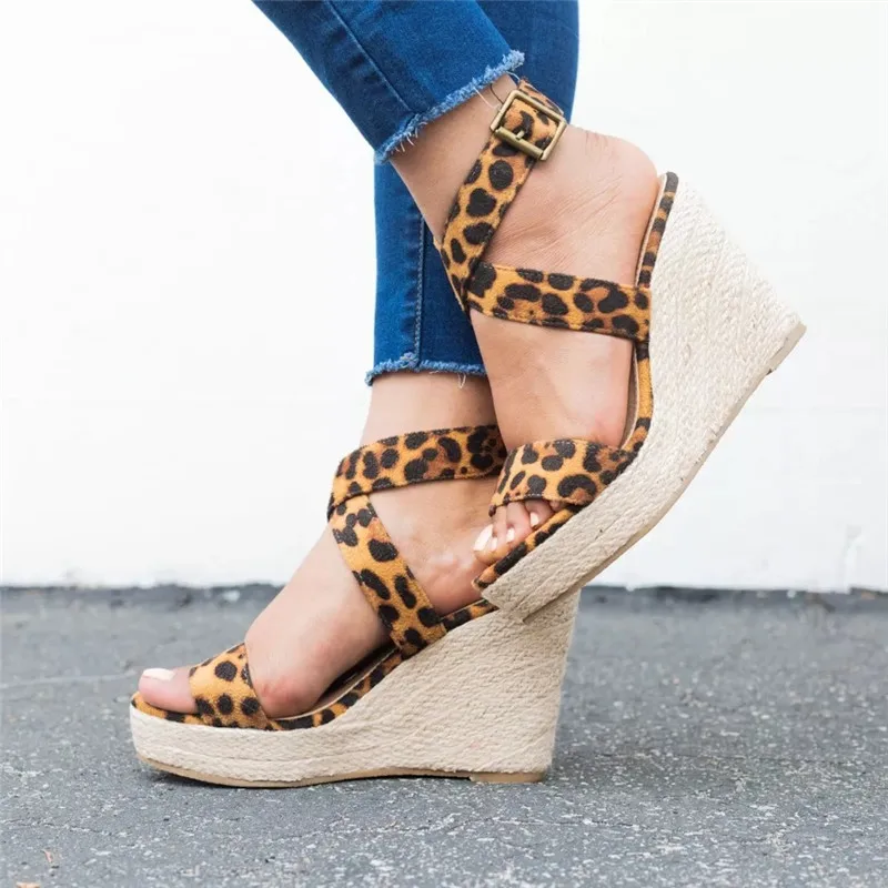 Leopard Wedge Sandals Summer Peep Toe Flock Buckle Strap Women Platform Espadrilles Sandal Plus Size 43 High Heels Shoes Female  (5)