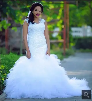 

2017 fancy new design mermaid lace appliques ruffled wedding dress cap sleeve beading sequins african arabic bride dress on sale