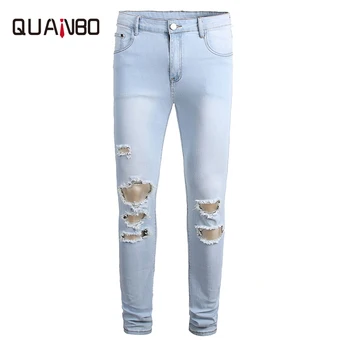 

Mens Biker Jeans 2019 Autumn Spring New Fashion Hole Ripped Street Jeans Men Stretch Skinny Jeans Light blue Denim Trousers 42