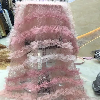 

New fashion style pink heavy Handmade lace on netting embroidered wedding dress/evening dress lace fabric by yard HJ1129-1