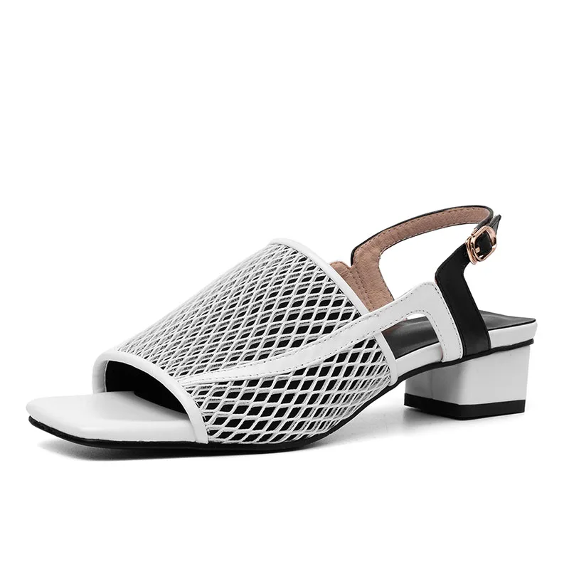 DORATASIA/ г., элегантная Летняя женская обувь из натуральной кожи для вечеринок женские босоножки на не сужающемся книзу массивном каблуке из сетчатого материала, женская обувь - Цвет: Черный