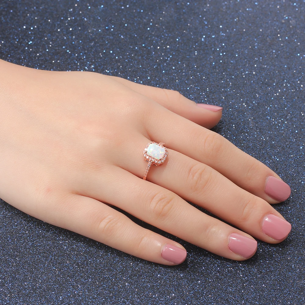 Rectangle Opal With CZ 925 Sterling Silver Women's Ring Rose Gold Color Wedding Engagement Jewelry For Her (JewelOra RI102969)