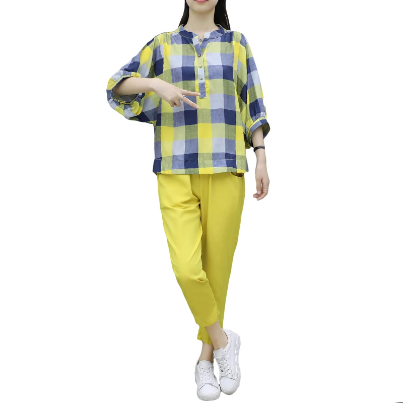 Желтый в клетку Корейском стиле Clothing Co ord комплект летняя одежда одинаковая