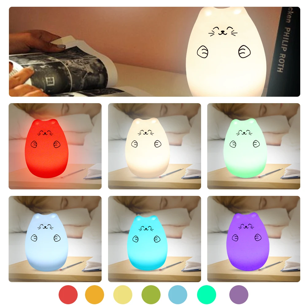 Fortunato Gatto del silicone di disegno Lampada di notte regalo Carino per i bambini 7 Colori Da Tavolo luce Camera Da Letto Lampade in Fortunato