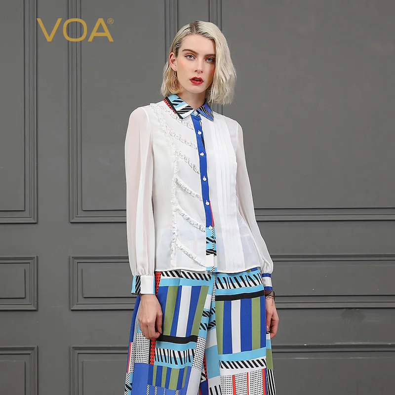VOA белая шелковая блузка Для женщин тонкий рубашки женские офисные топы сетки с длинным рукавом Harajuku уличная tunique Роковой camisa рюшами B853