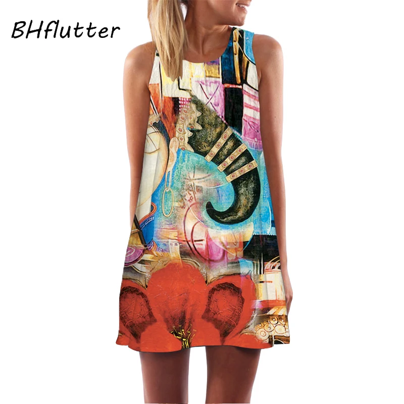 

BHflutter New 2018 Women Chiffon Dress Digital Printing Sleeveless Summer Dress Tank Sleeveless Mini Casual Boho Dress Vestidos
