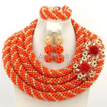 Ручная работа; оранжевый цвет Кристалл женские ожерелья костюм ювелирные нигерийские Свадебные африканские бусы комплект ювелирных изделий AMJ433