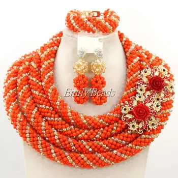 

2015 Handmade Orange Crystal Women Necklaces Costume Jewellry Nigerian Wedding African Beads Jewelry Set Free Shipping AMJ433