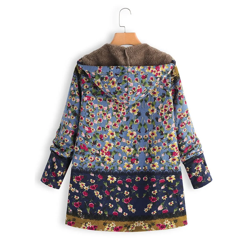 Women Coat Winter Warm Outwear Floral Print Hooded Pockets Vintage Oversize Coats Plus Size Long Winter Jacket chaqueta mujer A8