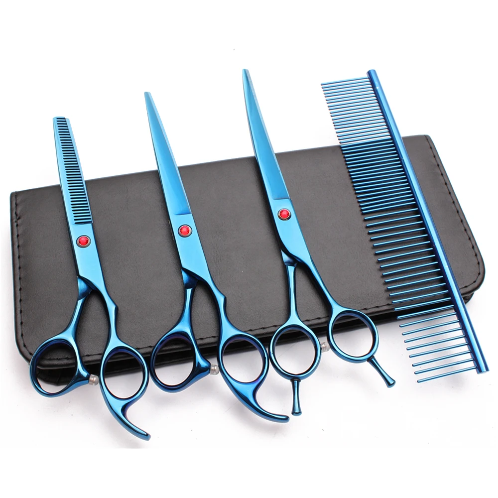 

7" Stainless Engraving Logo Blue Dogs Grooming Shears Comb Straight Shears Thinning Shears Up Curved Scissors Pets Shears C3002