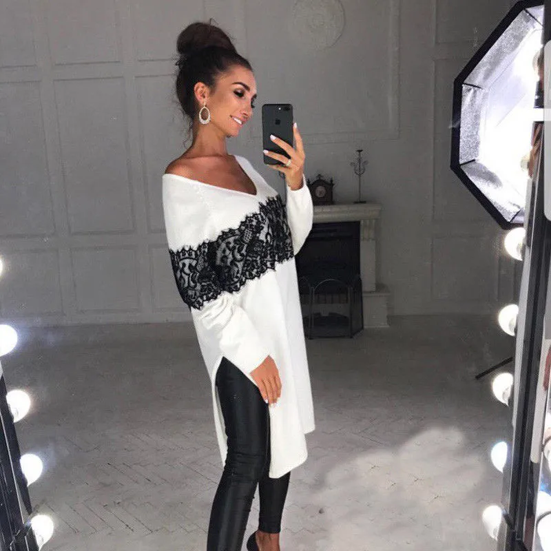 

Fashion Women Long Sleeve V-neck Lace Floral Patchwork Long T-shirt Top Side Split Cotton Loose T-shirt Asymmetric T-shirt S-XXL
