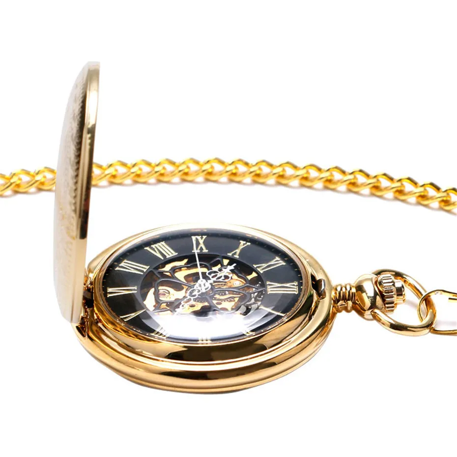 Antique Luxury Golden Mechanical Hand Wind Steampunk Necklace Chain Men Women Roman Number Analog Pocket Watch Relogio Bolso (5)