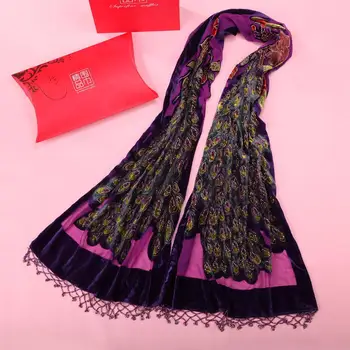 

Velvet Silk Wrap Hijab Peacock Embroidery Shawls With Tassels Ladies Muffler Handmade Beads Scarves Tippet Long Mantilla Chal