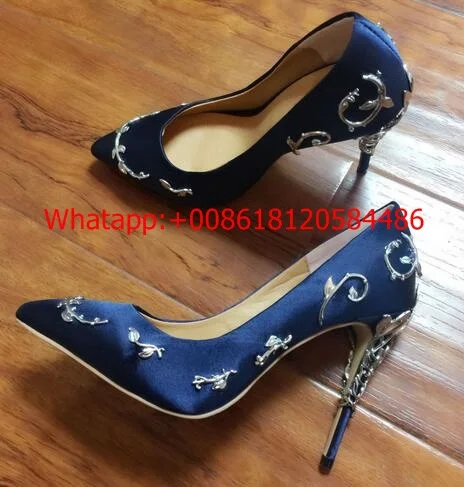 

2017New Arrival Spring Woman Royalblue Metal Decoration Stilettos Pointed Toe silvery Leaves Embossment Slip on Woman Pumps