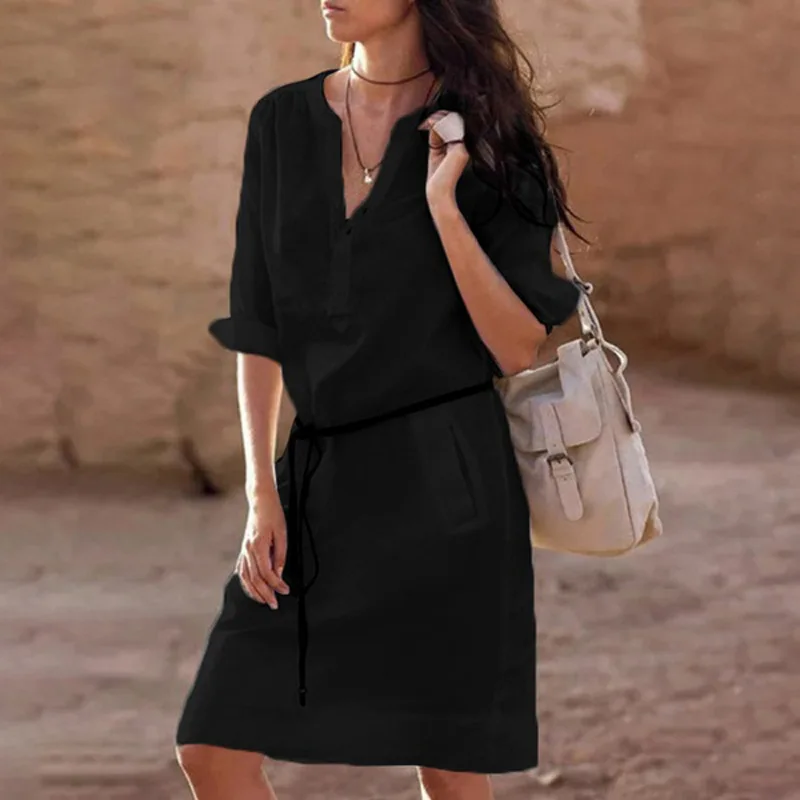 Осеннее женское платье большого размера с длинным рукавом и v-образным вырезом Повседневное платье однотонное модное платье-рубашка миди с поясом для женщин vestidos DR610