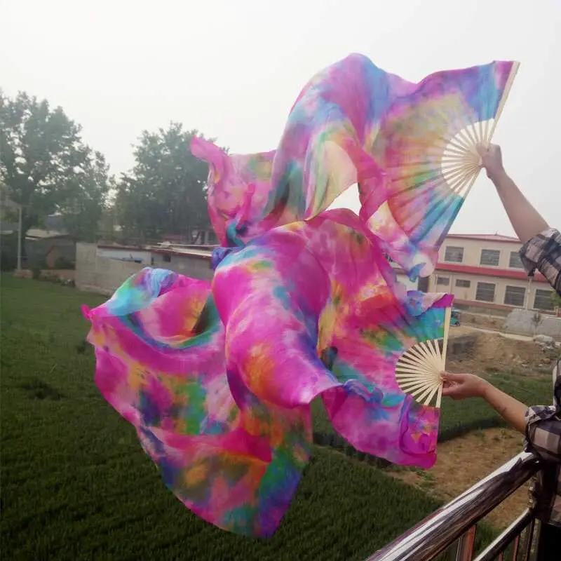 

Wholesale Handmade Tie Dye 1 Pair (1R+1L) 1.5mx0.9m Dark Sturdy Belly Dance Real Silk Fan Veil Fresh Pink Blue Free Shipping