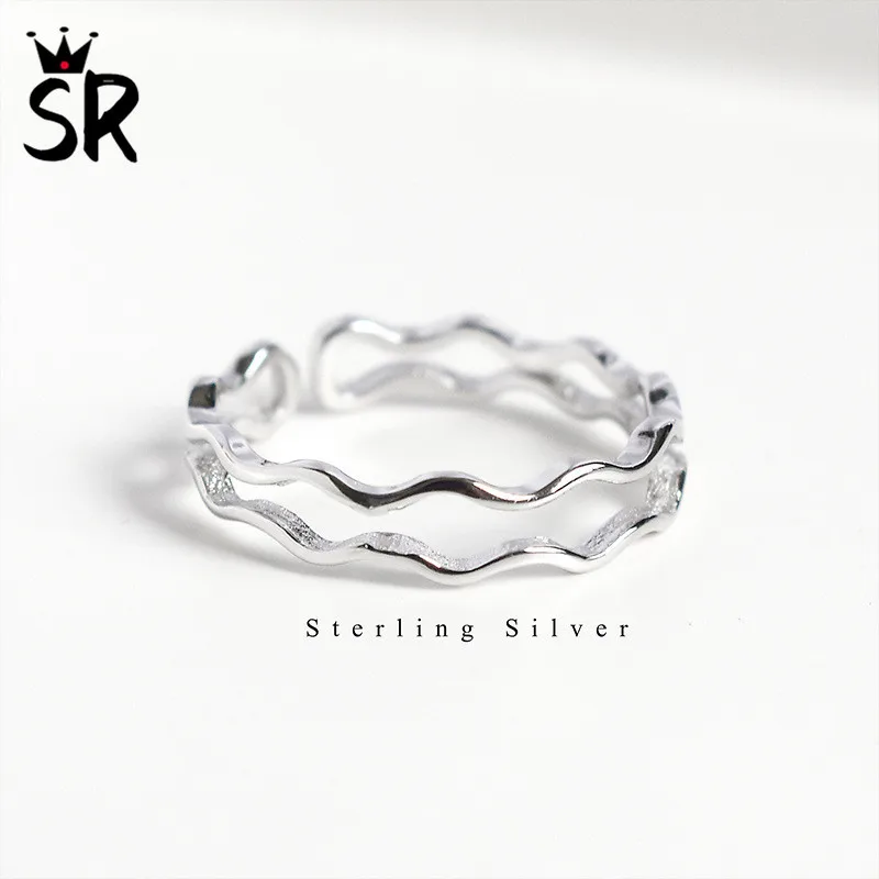 

SR Simple Style S925 Sterling Silver Ring Geometric Wave Adjustable Ring For Women Party Gift Fine Jewelry