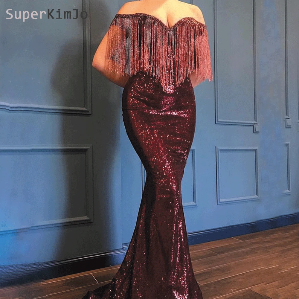 SuperKimJo Длинные вечерние платья с кисточками бордового цвета 2019 пикантное