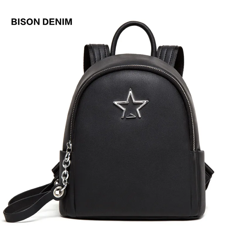 

BISON DENIM Genuine Leather Backpack Female mochilas Small iPad Backpack Women Fashion Leather kanken mochila feminina N1551
